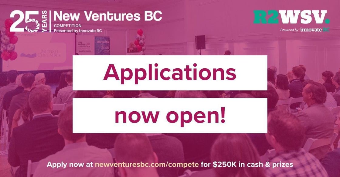 Applications now open graphic for New Ventures BC Competition